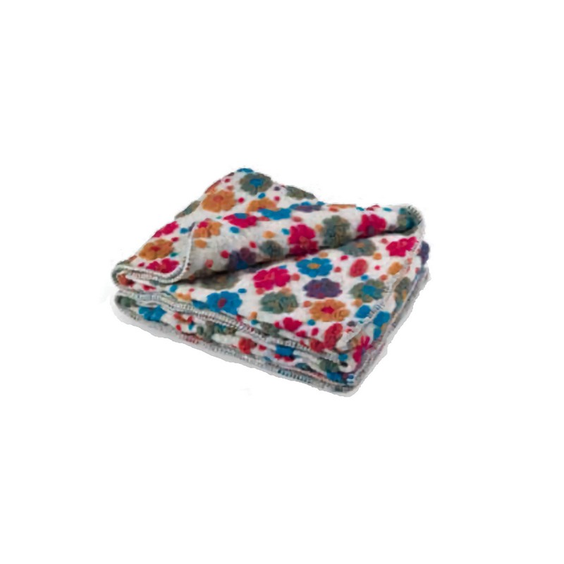 Coperta in lana cotta 130 x 160 cm con decoro margherite multicolor su fondo bianco, fatta in Italia con lana italiana ecosostenibile